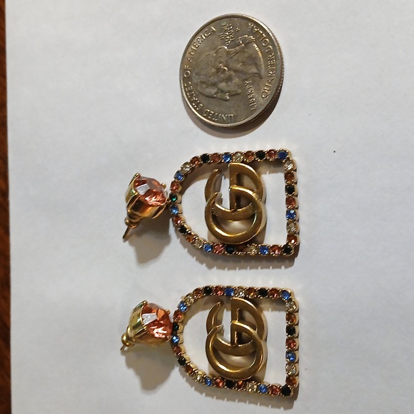 AUTHENTIC GUCCI GOLD TONE MULTIPLE COLORED CRYSTAL DANGLING EARRINGS - Picture 2 of 7